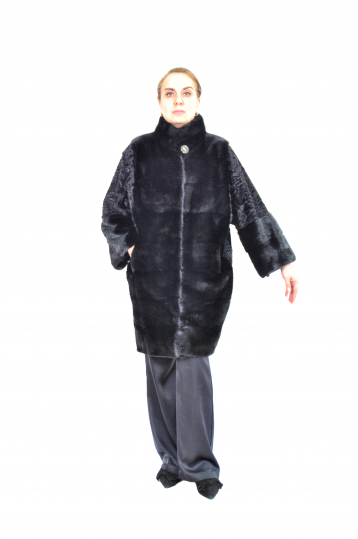 Норковая шуба, цвет черный, Летучая мышь с воротником-стойка